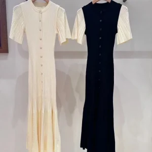 Abito da donna monopetto in maglia scava fuori o-collo manica corta femminile slim lavorato a maglia abito longuette estivo 1