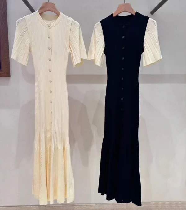 Abito da donna monopetto in maglia scava fuori o-collo manica corta femminile slim lavorato a maglia abito longuette estivo 1