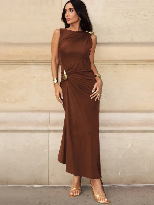 kliou Classic Metal Splice Abiti da donna Elegante girocollo senza maniche increspato dritto Maxi aderente Mujer Party Trend Vestidos 5