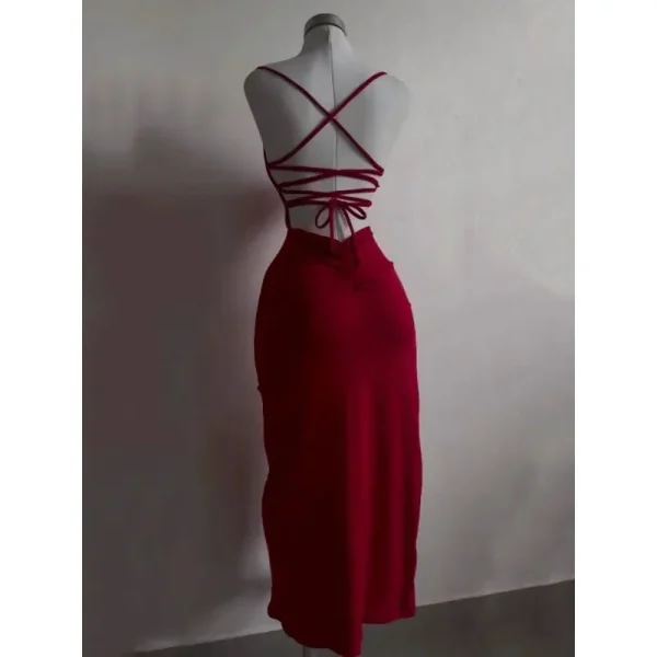 Deeptown Lace-up Irregolare Split Abito lungo Donna Sexy Rosso Party Abito longuette Estate Halter Strap Spice Girl Bag Hip Vestiti Solido 4