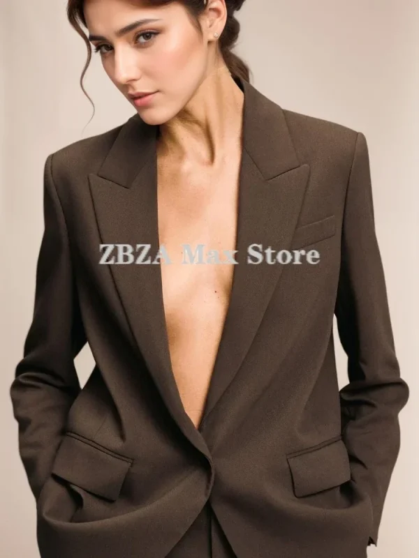 ZBZA Donna Moda 2025 Autunno Marrone Office Lady Donna Abiti Allentato Scollo a V Giacca + Pantaloni a gamba lunga a vita alta Set da donna vintage 1