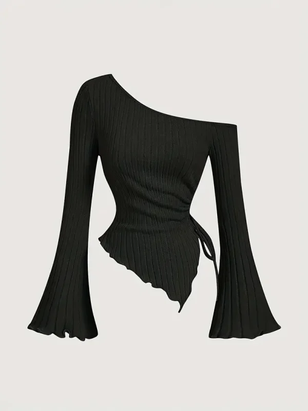 2025 nuove donne casual di nicchia tinta unita design senso lavorato a maglia pit stripe maniche lunghe cravatta con orlo irregolare 2
