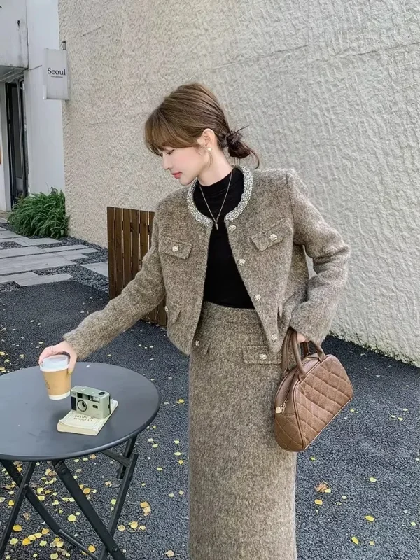 UNXX Elegante stile classico di lana giù giacca a maniche lunghe gonna abiti autunno/inverno 2025 retrò set a due pezzi donna ufficio signora 2