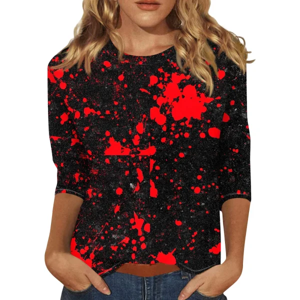 Halloween Elements T-shirt stampata da donna Moda Casual Girocollo Manica a 3/4 Sfumato rosso Tie-Dye Allentato Party Gathering Top 3