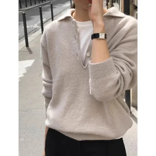 Elegante risvolto POLO con fibbia maglione in puro cashmere 100 versatile maglione autunnale e invernale da donna base lavorata a maglia in lana sciolta 2