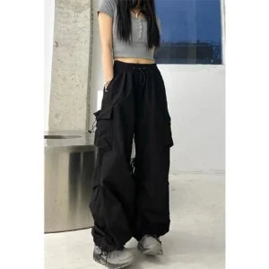 Pantaloni a gamba dritta moda Harajuku Streetwear per ragazze pantaloni larghi larghi a vita alta Multi-tasca neri 1