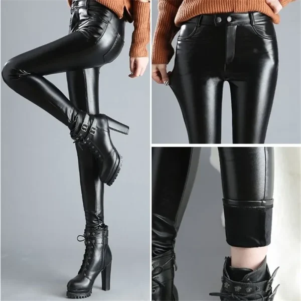 Pantaloni skinny in pelle elasticizzata per donna Pantaloni casual in velluto invernale in pile Leggings a matita femminili caldi e spessi Vita alta autunnale 4