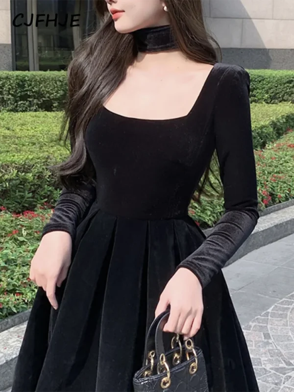 CJFHJE Black Velvet Evening Party Midi Dresses France Vintage Elegant Lady Dress New Winter coreano One Piece Dress donna autunno 3