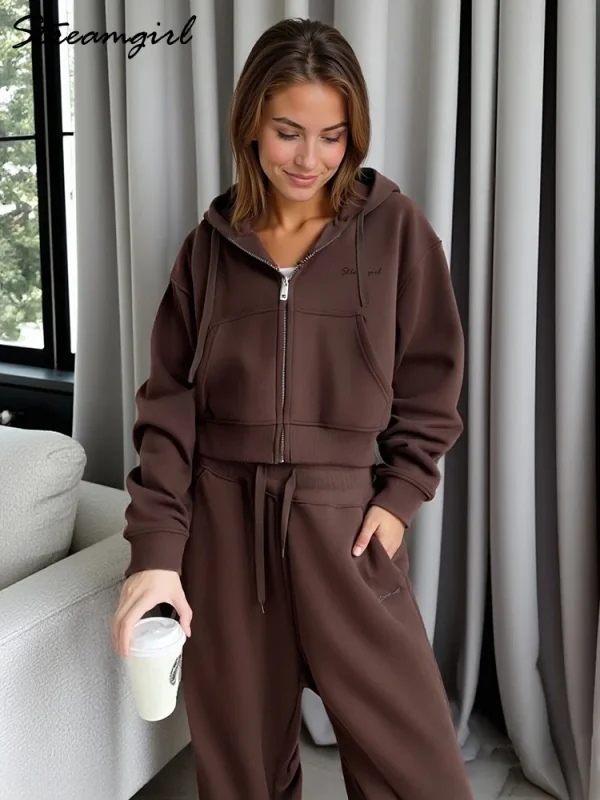 Tute da donna Tuta in pile invernale Marrone caldo Crop Zipper Felpe con cappuccio e pantaloni sportivi Set per donna Set di pantaloni in velluto da 2 pezzi 1