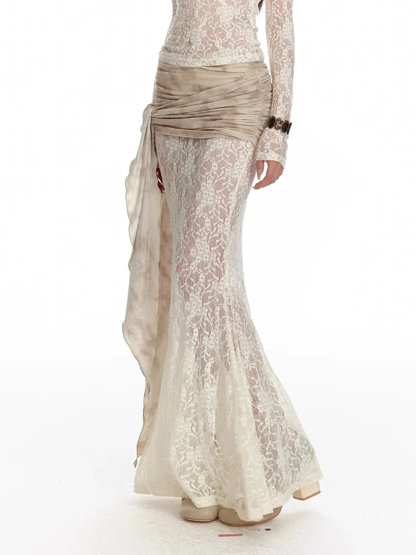REDDACHiC Donna Coprispalle Top Gonna Set Pizzo floreale Vedere attraverso T-shirt a maniche lunghe Sirena Flowy Maxi Gonna Festival Costumi per feste 5