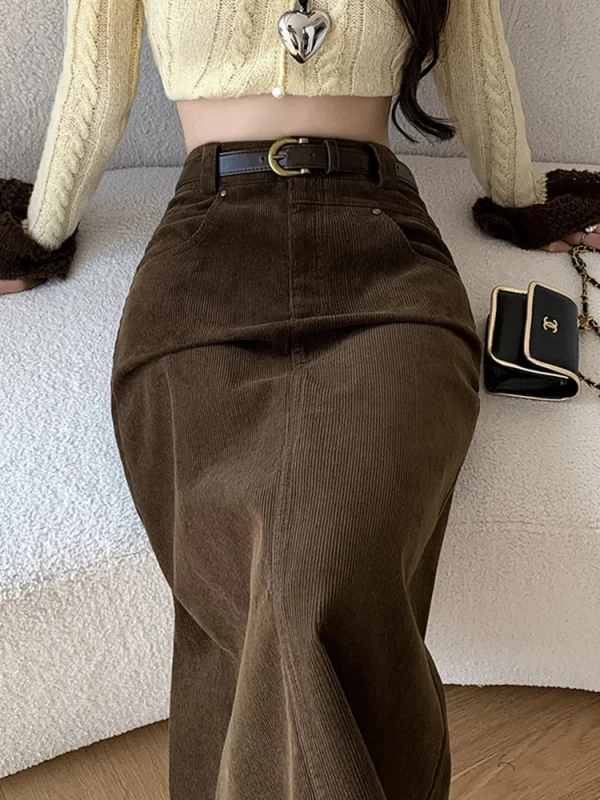 Gonna lunga da donna in velluto a coste invernale Donna Vintage a vita alta Wrap Cargo Gonne aderenti con cintura A-line Nero Marrone Faldas Largas 1