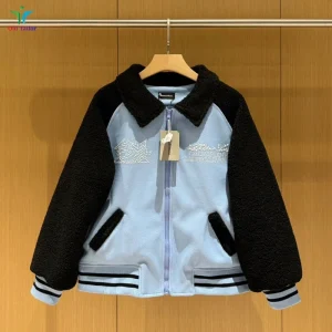 Giacca da baseball con cerniera e collo rotondo minimalista bicolore in lana d'agnello perlata premium da donna azzurra 1