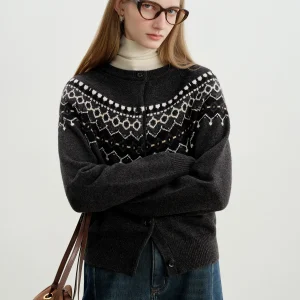 ZIQIAO 2025 Inverno Inizio autunno Nuovo arrivo Fair Isle Cardigan aperto lavorato a maglia Petite donna Maglieria di lana chic e di ispirazione vintage 1
