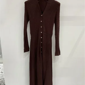 2025 Autunno Nuove Donne Marrone Scuro Monopetto Abito in Maglia con Scollo a V Manica Lunga a Vita Alta da Donna Filettato Sottile Abito in Maglia 1
