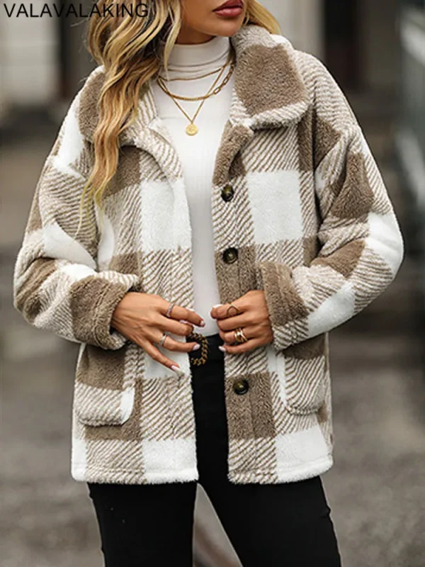 2025 Giacca spessa a maniche lunghe autunno inverno per donna Cappotto casual con bottoni caldi in peluche Cappotto scozzese allentato elegante da donna Abiti femminili 6