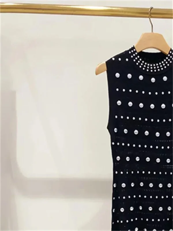 Abito da donna in maglia con volant nero con decorazione a diamante Abito estivo slim senza maniche con scollo a O per donna 3