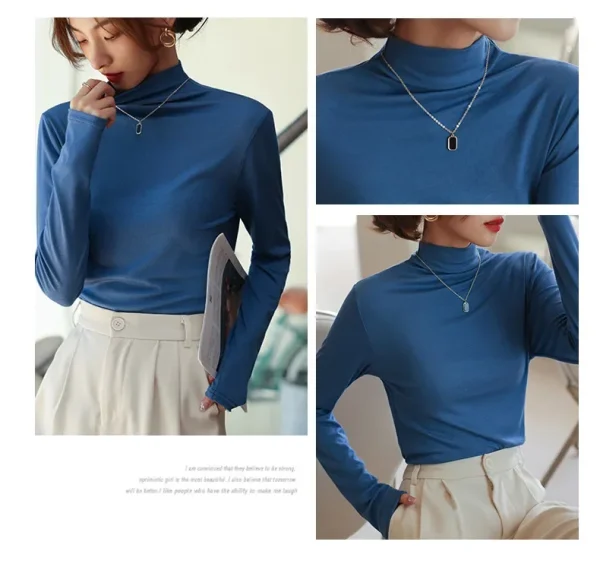 YSZWDBLX T-shirt da donna Autunno Inverno Manica lunga Mezza collo alto Camicia con fondo in modale morbido Ad alta resistenza Abbigliamento interno caldo coreano 6