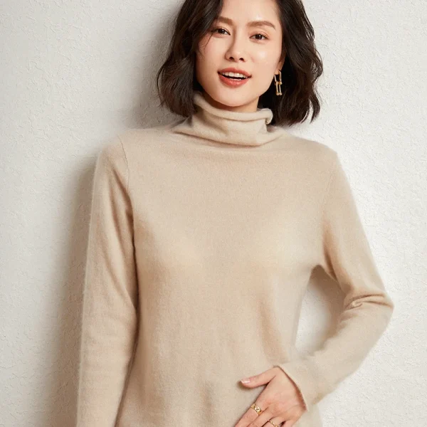 100% maglione di pura lana Merino autunno donna inverno manica lunga collo alto Pullover caldo di alta qualità tinta unita maglione lavorato a maglia di base 5
