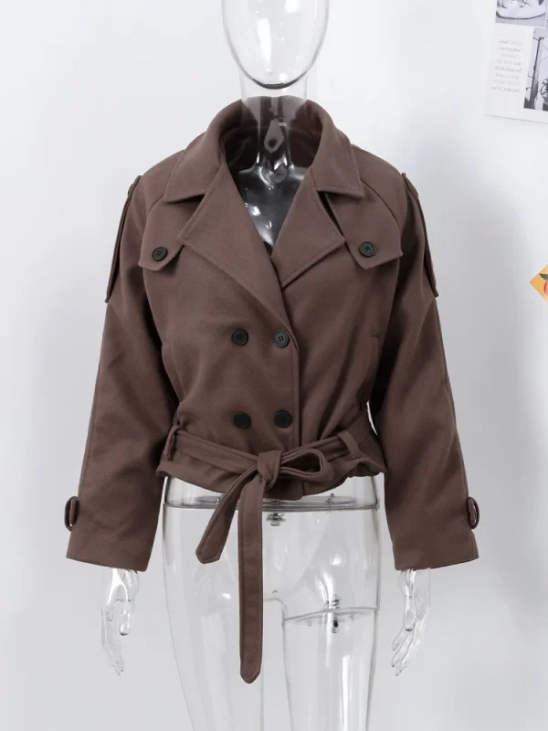Trench corto solido per donna Giacche a maniche lunghe doppio petto con lacci 2025 Autunno Inverno Moda alta streetwear Lady 4