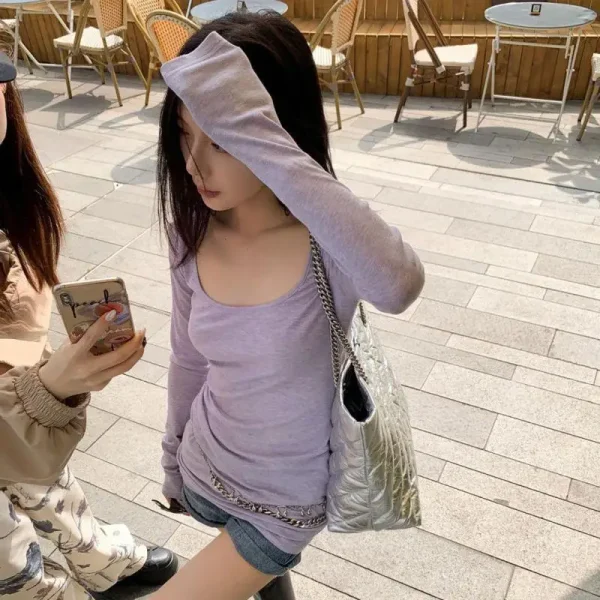 Genayooa Vintage Skinny T Shirt donna manica lunga Fairycore Crop top Streetwear stile coreano Basic Tee top autunno moda 2