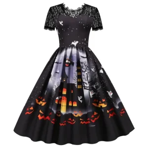 Abito da Halloween Costume da donna in pizzo a maniche corte a vita alta Abiti casual da ballo per feste da sera vintage 1