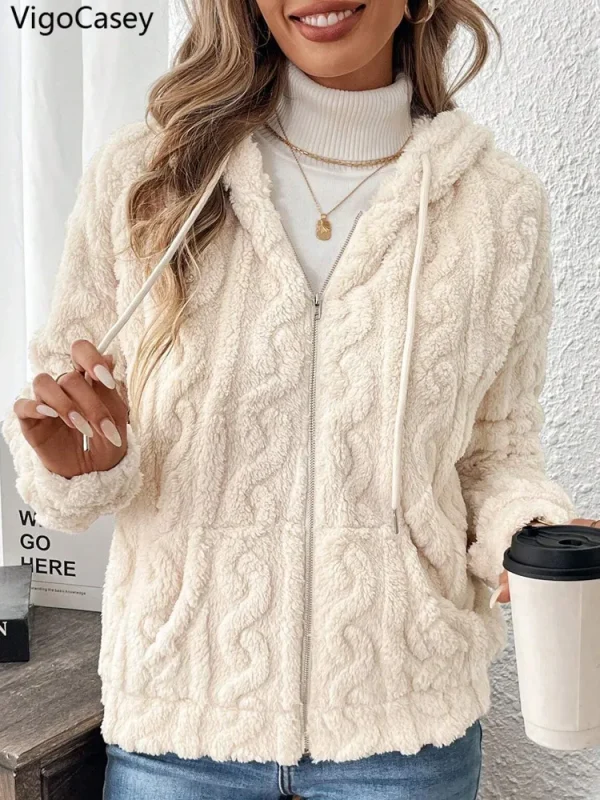 VigoCasey 2025 Giacca da donna autunno bianco con cerniera Cappotto caldo in peluche spesso a maniche lunghe bianco Cappotto invernale morbido da donna corto con cappuccio 3