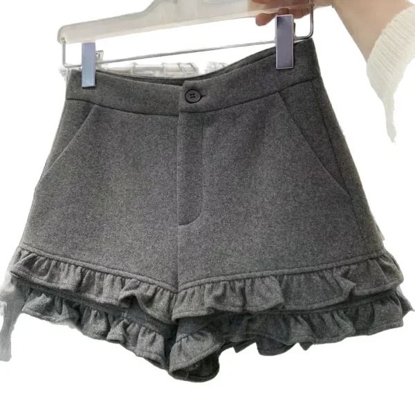 Pantaloncini di lana con design a volant dimagrante a vita alta dolce stile coreano Donna Primavera Autunno Nuovi pantaloni alla moda versatili 5