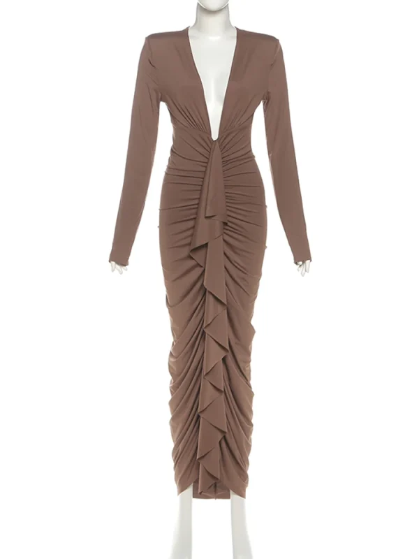 Nibber Abito lungo con volant Donna Profondo scollo a V Manica intera Sexy Ruffles Nastro Mezzanotte Prom Party Hipster Skinny Abiti eleganti 6