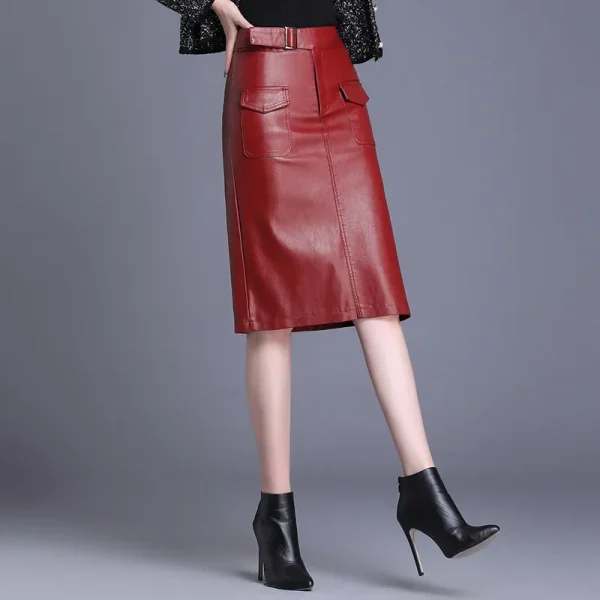 ZUZK Gonna da donna in pelle PU al ginocchio primavera autunno tinta unita gonne dritte casual gonne in pelle PU 3 colori 2