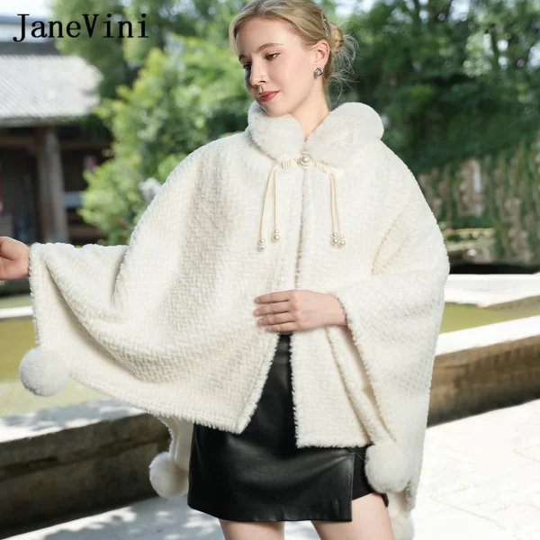 JaneVini Inverno Avorio Con Cappuccio Pelliccia Da Sposa Bolero Fiesta Mujer Elegante Cappotto di Pelliccia Sintetica per Scialle Da Sposa Mantello Coprispalle Sposa Wrap Cape 2