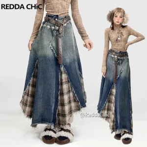 REDDACHiC Gonna di jeans scozzese patchwork irregolare Donna Do Old Gradient Overlay Vita Maxi Gonna jeans lunga Y2k Retro Streetwear 1