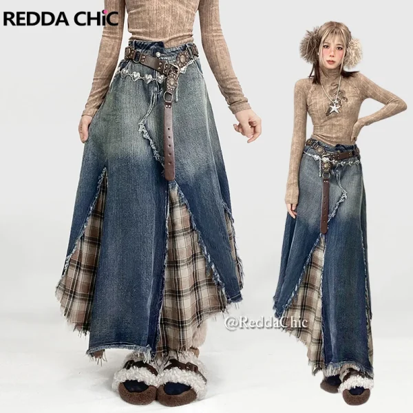REDDACHiC Gonna di jeans scozzese patchwork irregolare Donna Do Old Gradient Overlay Vita Maxi Gonna jeans lunga Y2k Retro Streetwear 1