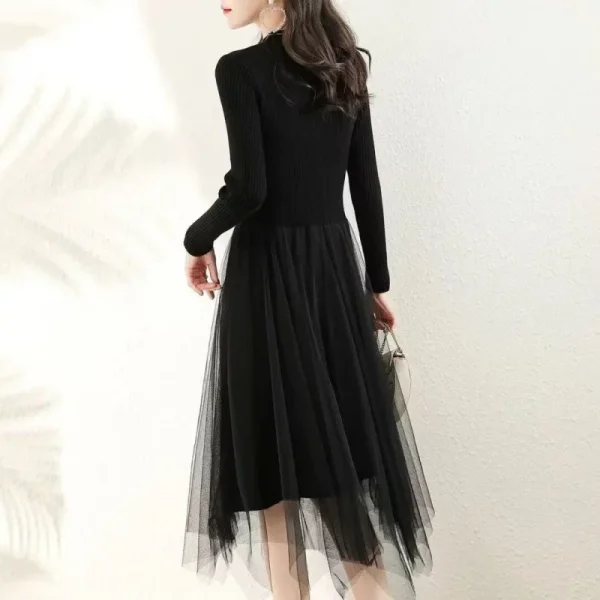 Autunno Inverno Abito lavorato a maglia nero Maglia con giunture Cappotto a maniche lunghe di media lunghezza Gonna base Collo alto a metà Lunghezza intera Orig cinese 3