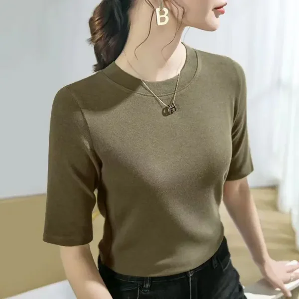 T-shirt senza maniche da donna nuovo stile coreano Manica a cinque quarti Strato base in tinta unita Top dimagrante versatile 4