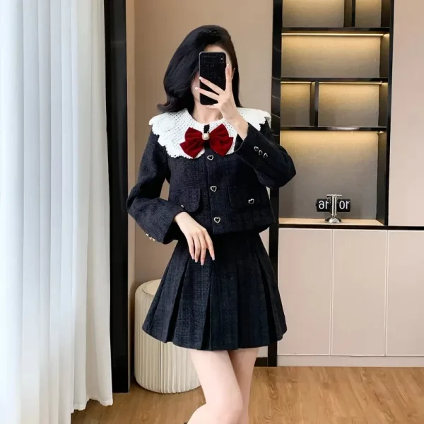 Real Shot Autunno Inverno New Rich Family Heriress Stile classico Colletto per bambola Giacca corta con giunture in pizzo Gonna a pieghe Set da due pezzi 3