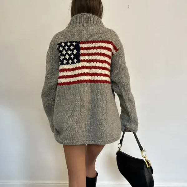 Maglione lavorato a maglia con stampa bandiera senso design europeo e americano autunno e inverno maglione pullover girocollo allentato casual 4