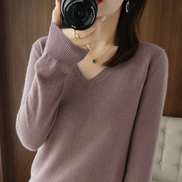 Nuovo maglione da donna con scollo a V in cashmere con scollo in pizzo, design scavato, maglione da donna a maniche lunghe lavorato a maglia casual autunno e inverno 3