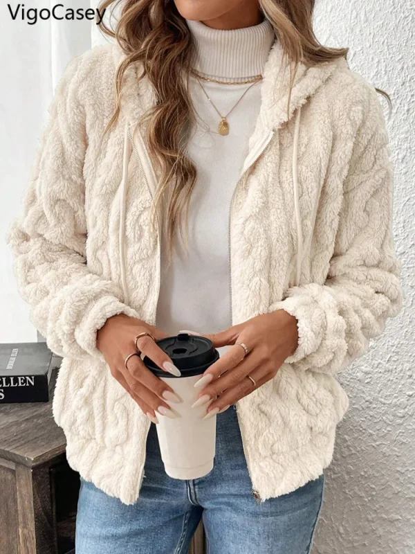 VigoCasey 2025 Giacca da donna autunno bianco con cerniera Cappotto caldo in peluche spesso a maniche lunghe bianco Cappotto invernale morbido da donna corto con cappuccio 4