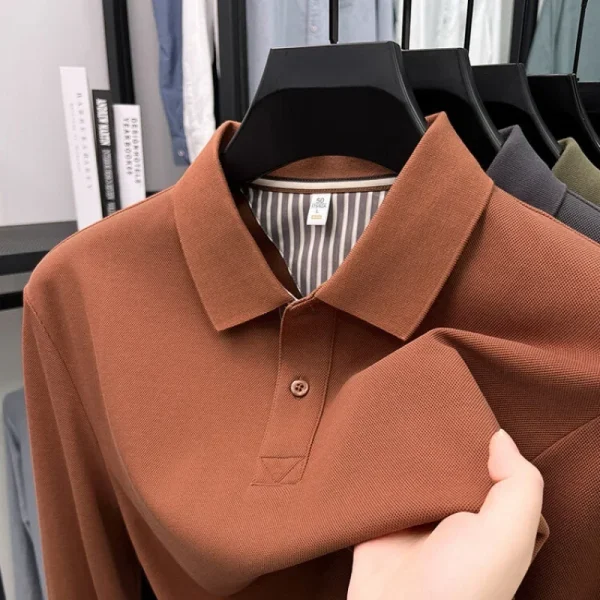 Men's casual long sleeved polo shirt autumn new loose solid color classic versatile lapel T-shirt 4