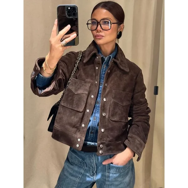HH Street Fashion Giacca in pelle scamosciata da donna Maniche lunghe tinta unita Tasca con risvolto Decorata Cappotti vintage autunnali per colazione singola 2