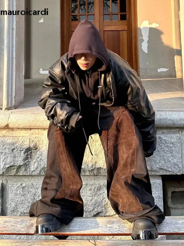 Mauroicardi Autunno Inverno Oversize Fresco Nero Addensato Caldo Pu Pelle Bomber Giacca da Uomo Cappuccio di Lusso Designer Falso 2 Vestiti 5