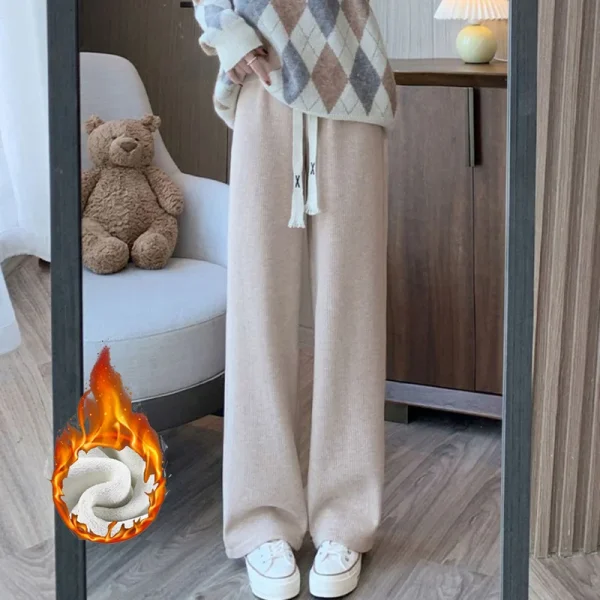 Pantaloni in peluche larghi a vita alta da ragazza invernale Pantaloni termici caldi a gamba dritta femminile Pantaloni casual con coulisse coreani da donna 4