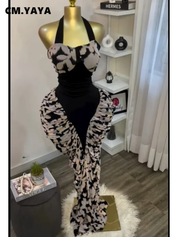 CM.YAYA Abito lungo maxi midi aderente senza maniche increspato impilato patchwork da donna 2025 Abiti da festa sexy per le vacanze di compleanno 1