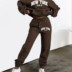 Felpe con cappuccio da donna + pantaloni della tuta Set Hip Hop Street Felpa con cappuccio stampata casual Oversize Allentato Nuove felpe Autunno Abbigliamento in pile caldo 1
