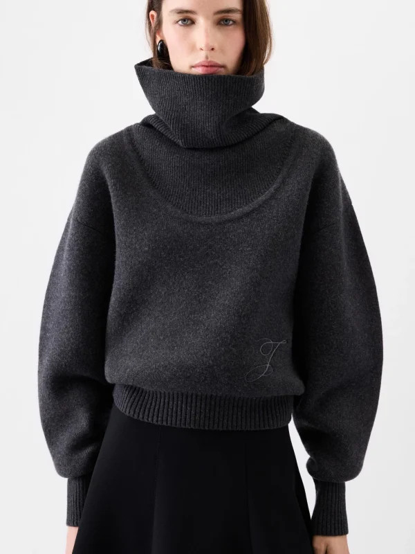 Design del marchio di lusso 2025 Inverno Nuovo in maglione lavorato a maglia grigio scuro per le donne Maglieria allentata Pullover Abiti a collo alto da donna 1