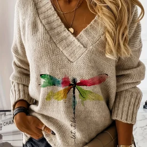 Maglione pullover con scollo a V modello libellula Maglione casual a maniche lunghe per abbigliamento da donna autunno inverno 1