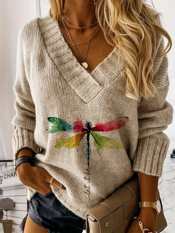 Maglione pullover con scollo a V modello libellula Maglione casual a maniche lunghe per abbigliamento da donna autunno inverno 1