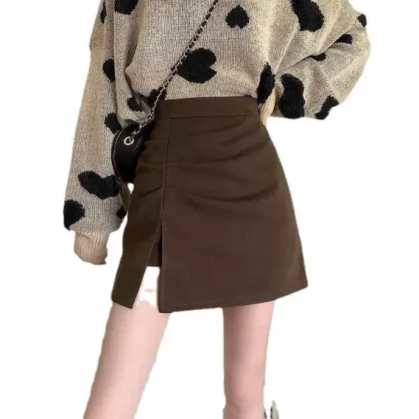 Minigonna a linea A a vita alta per donna Gonna corta asimmetrica a pieghe di lana Maglione autunno inverno abbinato taglie forti 5