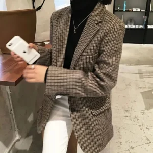 Giacca da abito in lana scozzese retrò Abbigliamento donna 2024 Primavera Autunno Blazer di grandi dimensioni Abito scozzese sottile da donna grasso Mm Nuovo nel cappotto 1