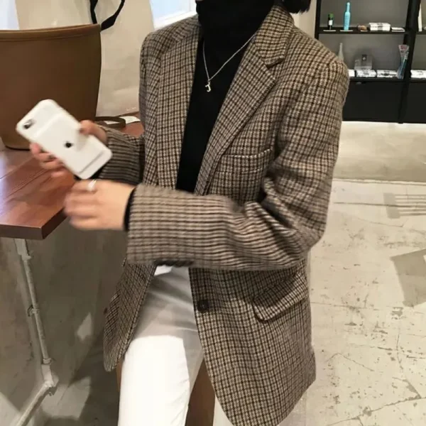 Giacca da abito in lana scozzese retrò Abbigliamento donna 2024 Primavera Autunno Blazer di grandi dimensioni Abito scozzese sottile da donna grasso Mm Nuovo nel cappotto 1